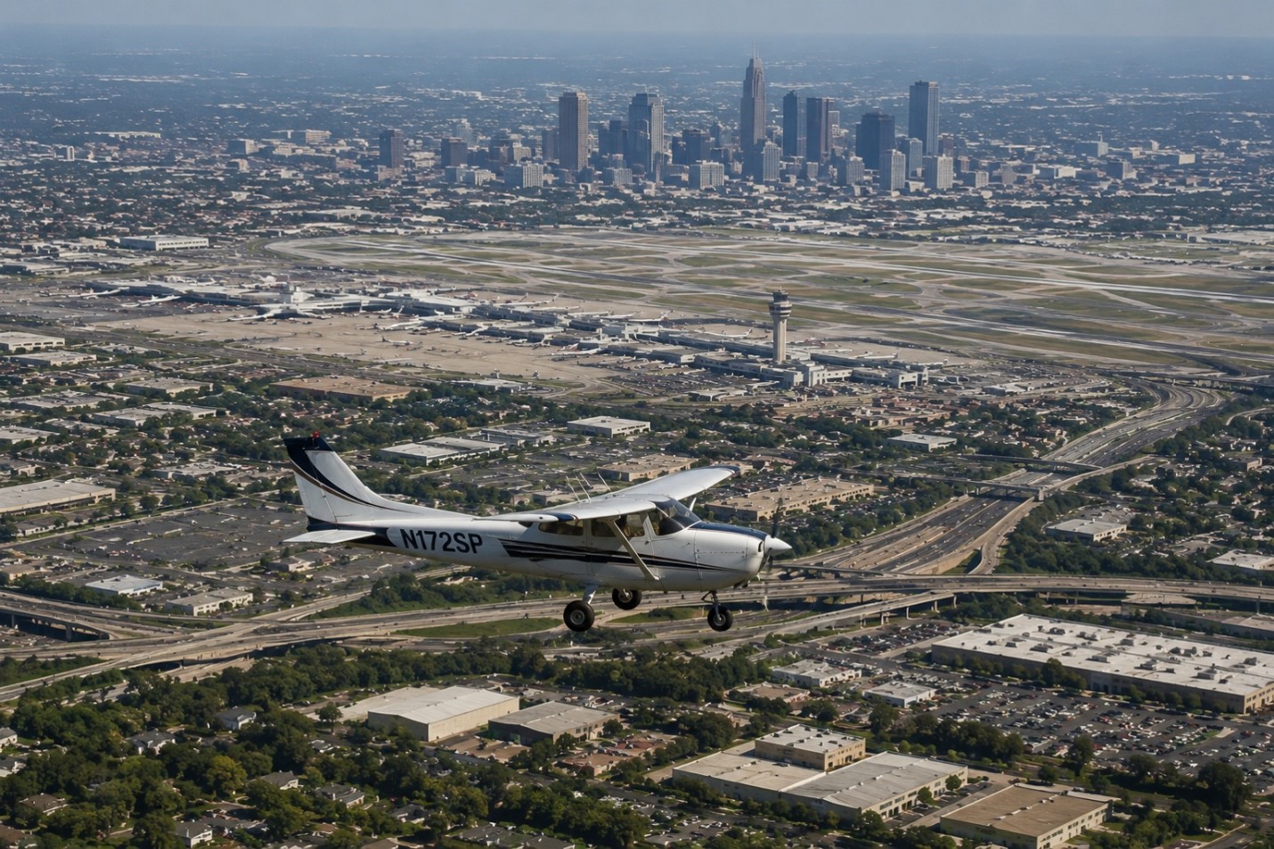 A light airplane in flight near a large airport with a city skyline in the background.
