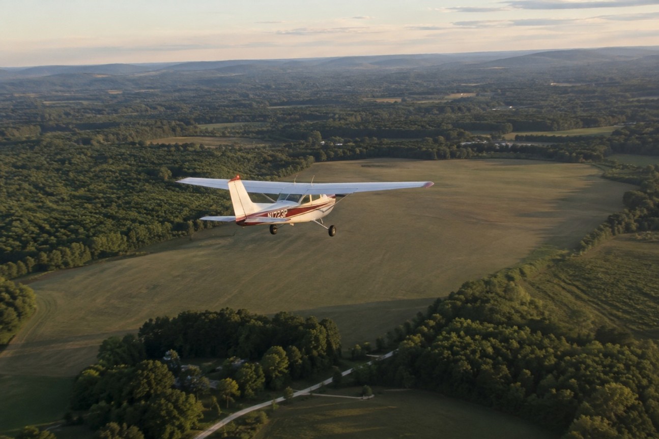A light airplane in flight above open fields and wooded countryside.