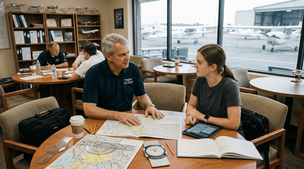 Flight instructor and trainee pilot studying navigation charts at an airport